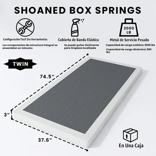 Vista 2 de SHOANED Resortes de caja de tamaño individual de 3 pulgadas - Base de colchón de perfil bajo sin ruido, base de cama de metal resistente con funda