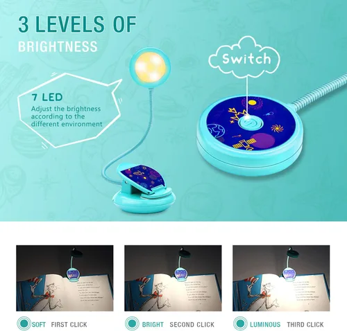 Vista 2 de Vekkia Bonita luz de libro recargable, luz de lectura para niños con clip, 3 colores y 3 brillos, peso súper ligero de 1.8 onzas, hasta 40 horas