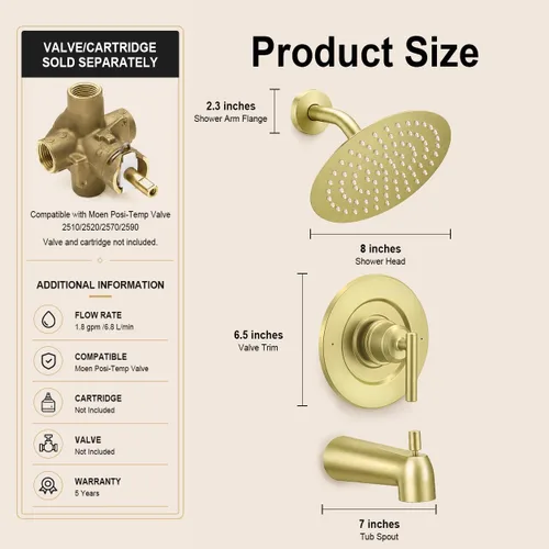 Vista 4 de Compatible con Moen Posi-Temp Kit de molduras de ducha de válvula, repuesto para grifo de ducha de válvulas 2510, 2520, 2570, 2590, oro cepillado