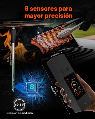 Vista 5 de Termómetro inalámbrico para carne con Bluetooth y aplicación, pantalla táctil, alarma audible, 2 sondas, alcance de 800 pies y base recargable