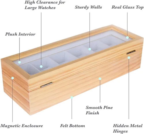 Vista 7 de Case Elegance caja organizadora de relojes de madera sólida con visualización superior de vidrio Madera clara