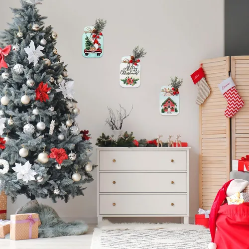 Vista 6 de Barydat 4 piezas de arte de pared de Navidad para colgar, tarro de madera con tallos de bayas rojas para Navidad, dormitorio, sala de estar