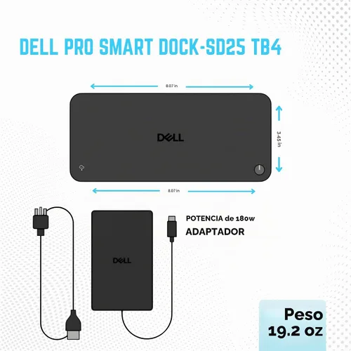 Vista 7 de SD25TB4 Dell Pro Thunderbolt 4 Smart Dock - Estación de acoplamiento USB-C