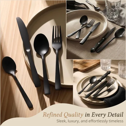 Vista 4 de Hiware Juego de cubiertos negros de 48 piezas para cubiertos de acero inoxidable 18/10 con tenedores, cuchillos, cucharas, cuchillos para carne