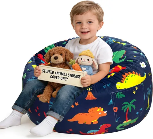 Vista 15 de Lukeight - Puf de almacenamiento de animales de peluche para niños, funda para puf de dinosaurio con cremallera para organizar la habitación