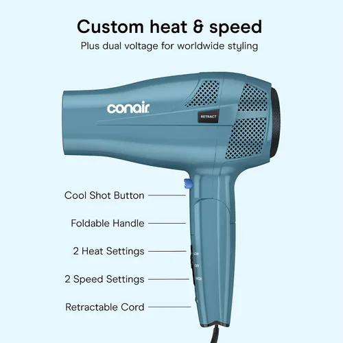 Vista 4 de Secador de pelo iónico Conair de 1875 W con mango plegable y guardacables, Azul Cable retráctil con mango plegable de doble voltaje de 1875 W