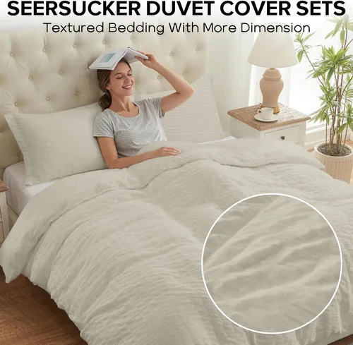 Vista 2 de Cozyide Beige Queen Duvet Cover Set, 3 Pieces Soft Seersucker Queen Size Duvet Cover with Zipper Closure and Corner Ties, 90"x90" Duvet Cover with 2