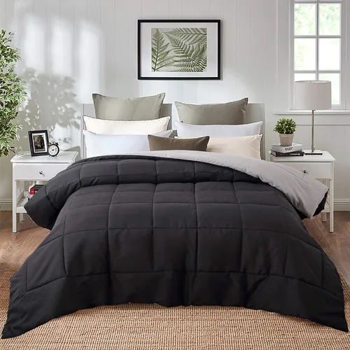 Vista 8 de EVOLIVE - Edredón reversible de microfibra, tamaño matrimonial/queen (negro/gris) Soft brushed microfiber with down-alternative fill offers
