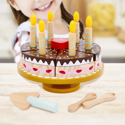 Vista 7 de PairPear Juego de pastel de fiesta de cumpleaños para niños, juguetes de madera para jugar comida Play Cutting Food Fake Cake Toddler Girl Gifts