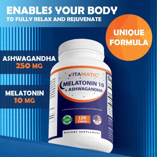 Vista 5 de Vitamatic Melatonina 10mg con Ashwagandha 4:1 Extracto 250 mg 120 Comprimidos