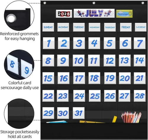Vista 4 de Calendario mensual para aula con 45 bolsillos, 3 bolsillos de almacenamiento para fácil pared o soporte (negro)