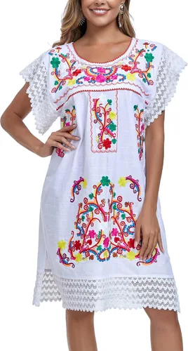Vista 32 de YZXDORWJ Vestido bordado mexicano de manga corta para mujer 222BK