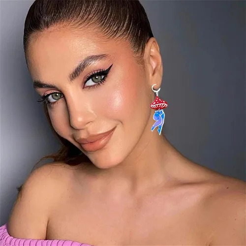 Vista 4 de Dreuyet Aretes de pierna de hongo exagerados divertidos para mujer, aretes retro de los años 80, aretes de personalidad bailarina, hermosas piernas