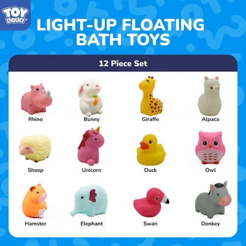Vista 3 de TOY Life 12 piezas de juguetes de baño de animales que se iluminan para edades 1-3, juguetes de baño luminosos sin agujeros para niños, regalos
