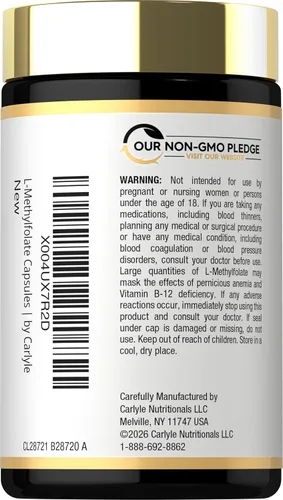 Vista 3 de Carlyle L Metilfolato de 15 mg 60 cápsulas con metilo B12 y azafrán Vegano, sin OMG, suplemento sin gluten por Opti-Folate