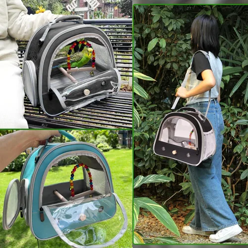 Vista 9 de Jaula portátil de viaje para loros con juguete pequeño oscilante y jaula, juego de juguetes coloridos para pájaros pequeños, bolsa de periquito