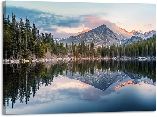 Vista 7 de Arte de Pared en Lienzo de Paisaje de Lago: Pintura Moderna Relajante del Horizonte al Atardecer, Impresión Simple y Natural de Barco y Juncos