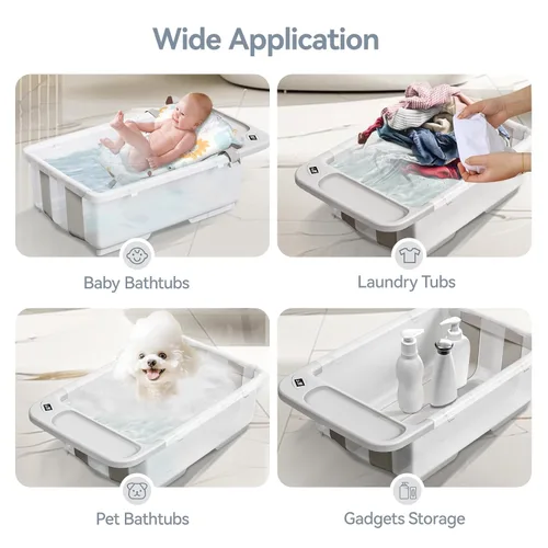 Vista 7 de Bañera de bebé plegable - Tina de baño de gran capacidad con termómetro y almohadilla suave Bañera portátil de viaje para recién nacidos e