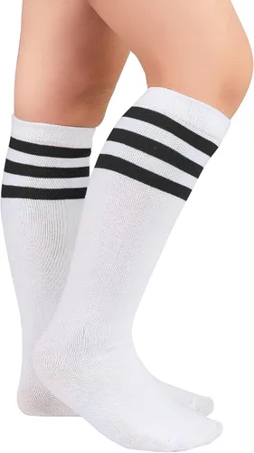Vista 2 de Komorebi Calcetines de fútbol para niños, calcetines de tubo hasta la rodilla, calcetines de tres rayas de algodón, uniforme deportivo para niñas