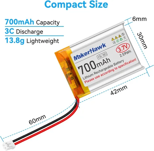 Vista 6 de MakerHawk Batería Lipo de 3,7 V 700 mAh Batería recargable de polímero de litio 603040 Micro Ph1.25 Conector Circuito de protección integrado