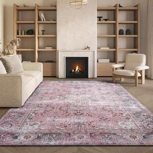Vista 7 de SAFAVIEH Alfombra lavable Tucson Collection - 2 pies 6 pulgadas x 4 pies, rosa y beige, antideslizante y fácil de limpiar, ideal para sala de estar