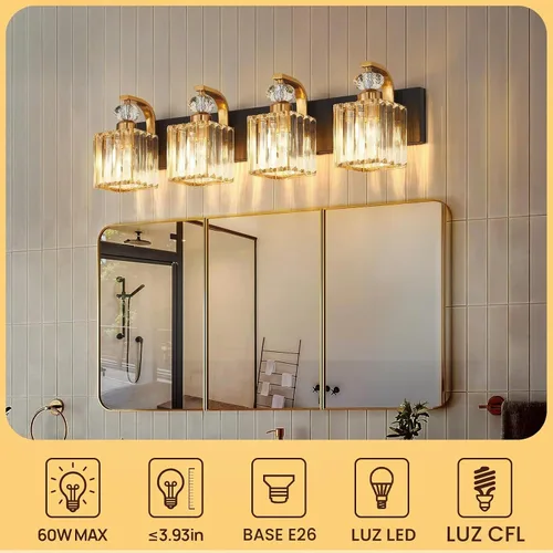 Vista 4 de Lámpara Moderna de Tocador de Baño, Luminarias de Baño de 4 Luces Negro Dorado Sobre Espejo, Aplique de Pared de Cristal de 28.4