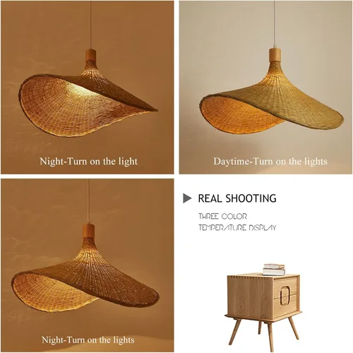 Vista 6 de Lámpara colgante de bambú, lámpara de nido de pájaro artístico, sombrero, luz colgante de techo con cable ajustable para sala de estar, comedor, bar