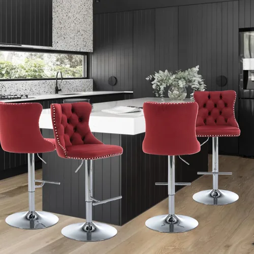 Vista 72 de SoarFlash Juego de 2 taburetes de bar tapizados de terciopelo moderno con patas de madera, botones acolchados, cabeza de clavo cromada, asiento