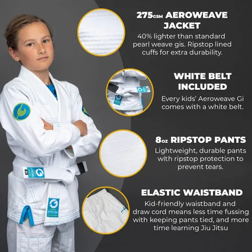 Vista 3 de Gold BJJ Jiu Jitsu Gi para niños, estilo Aeroweave y uniforme ligero