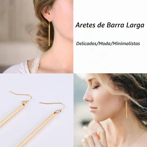 Vista 4 de Aobei Pearl 18K Oro/Platino Chapado en Latón Arete Colgante de Barra Vertical Larga Gota Pendiente Minimalista Joyería Geométrica para Mujeres Barra