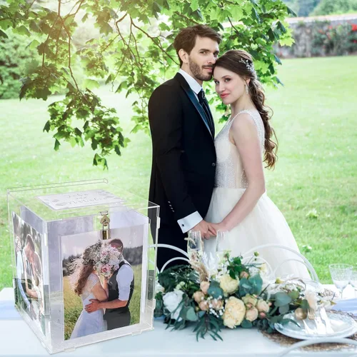 Vista 4 de OurWarm Caja de tarjetas de boda de acrílico con marco de fotos para fotos de 8 x 10 pulgadas, soporte grande giratorio para caja de regalo
