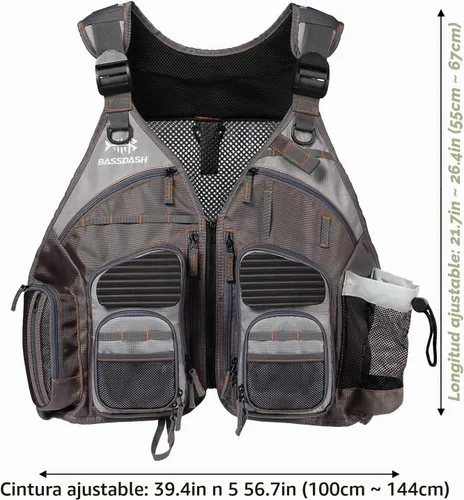 Vista 2 de Bassdash - Chaleco de pesca con mosca de múltiples bolsillos, tamaño ajustable, regalo para hombres y mujeres Marrón