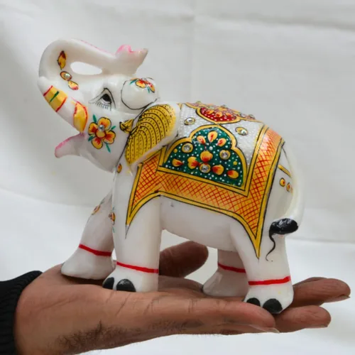 Vista 2 de Estatua de elefante de mármol de 5 x 7 pulgadas con pintado a mano Escultura de mármol hecha a mano Estatua de elefante auspicioso Figuras