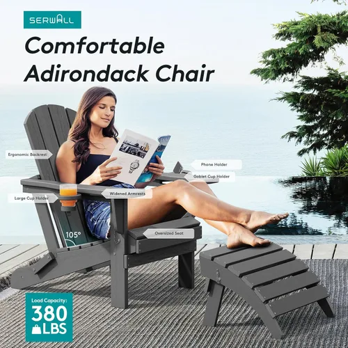 Vista 6 de SERWALL Silla Adirondack plegable, Silla Adirondack HDPE con textura de madera - gris