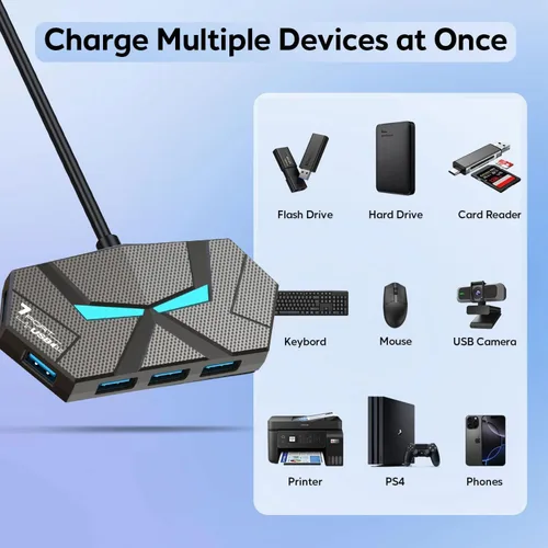 Vista 6 de Hub USB 7 puertos, múltiples concentradores USB 3.0 USB 3.0 con puertos de alimentación/datos y luces, extensor de adaptador multipuerto de 3.9 pies