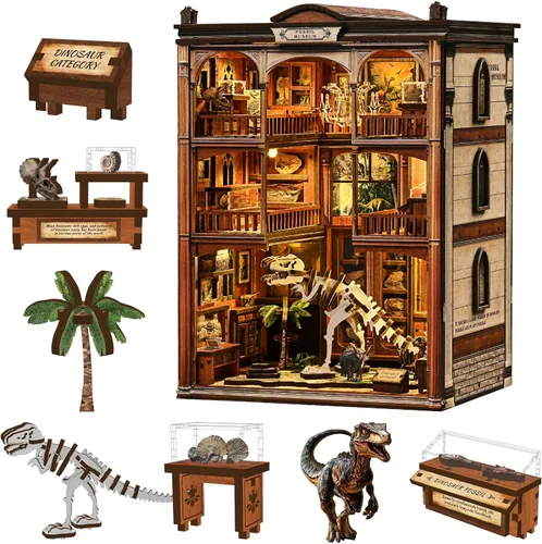 Vista 11 de Kit de rincón de libros de biblioteca antigua, rompecabezas 3D de madera con luz LED, modelo de estantería en miniatura, decoración cultural