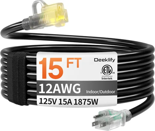 Vista 10 de Cable de extensión para exteriores de servicio pesado de calibre 12 de 50 pies con extremo iluminado, resistente al agua, cable de extensión de Negro