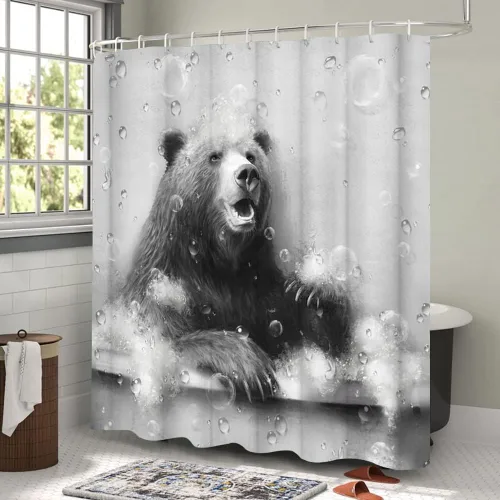 Vista 4 de KREATIVE ARTS Cortina de ducha con diseño de osos divertidos animales, decoración de bañera, casa de campo en blanco y negro, 72 pulgadas de ancho