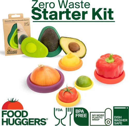 Vista 2 de Food Huggers Kit de iniciación Zero Waste (7 piezas) - Fundas protectoras de aguacate (juego de 2) + reutilizables de silicona para guardar