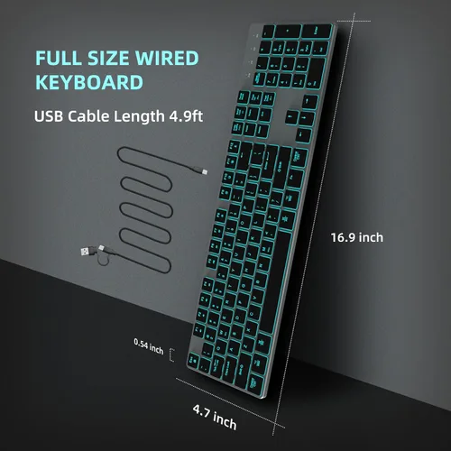 Vista 9 de POWZAN Teclado retroiluminado con cable para Windows/Mac, teclados delgados y silenciosos de aluminio de tamaño completo que se iluminan