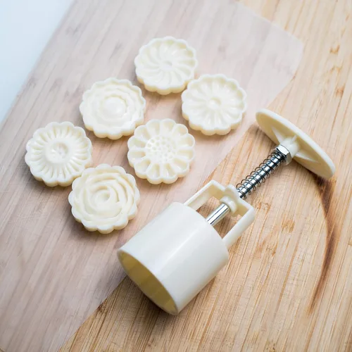 Vista 2 de Molde de prensa de galletas para pastel de luna a presión de mano con 6 patrones de modo para 1 juego – 1.76 oz de sello de galletas Mooncake Mold