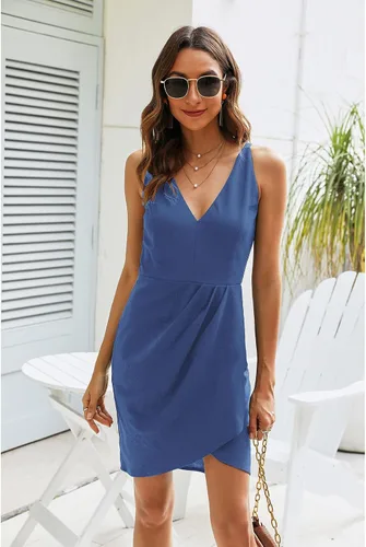 Vista 2 de Manydress MY062 - Vestido ajustado de verano para mujer, diseño envolvente, sin mangas, cuello en V profundo y fruncido, para cóctel, fiesta