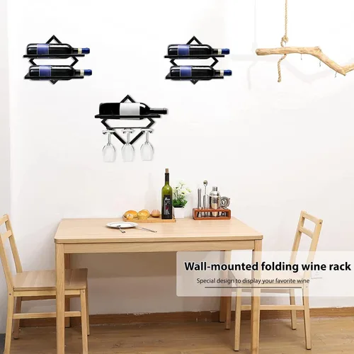 Vista 8 de AUHOKY Soporte de metal para vino montado en la pared, organizador plegable mejorado para 2 botellas de licor, colgador de exhibición de botellas