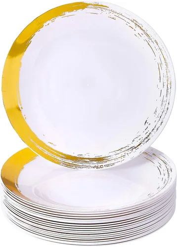 Vista 5 de SILVER SPOONS Platos de plástico con borde de pincel dorado para fiestas (10 unidades) Juego de vajilla desechable resistente de 10.25 pulgadas