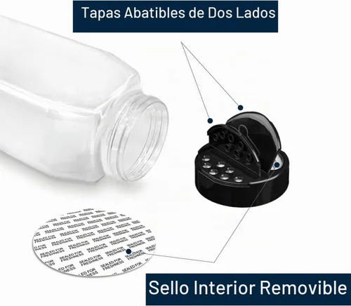 Vista 3 de SalusWare jarro de plástico PET transparente con tapa para especias (6 unidades), Transparente Clear Safe Plastic Bottle Containers with Shaker