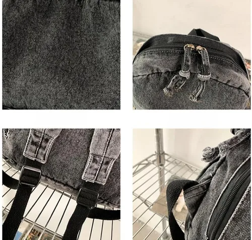 Vista 5 de Mochila de mezclilla vintage para mujeres y hombres, linda mochila Y2k Jeans Bookbag Preppy Moda Viaje Retro Mochila de hombro, Negro -, Mediana
