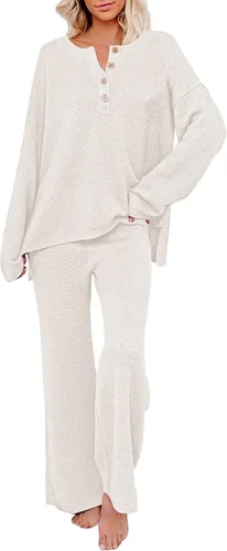 Vista 7 de Viottiset Conjunto de 2 piezas para mujer, sudadera de punto de manga larga, pantalones de pierna ancha, ropa de descanso Beige