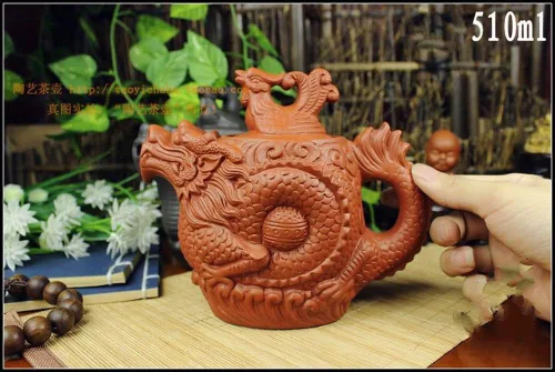 Vista 2 de Tetera Dragón y Fénix Tetera Gran Capacidad Juego de té de arcilla morada Hervidor Kung Fu Tetera (16.9 fl oz/17oz, rojo)