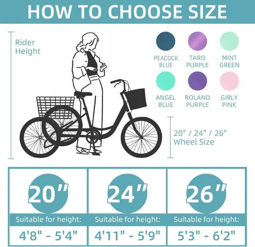 Vista 6 de Triciclos para adultos para adultos, triciclos para adultos de 7 velocidades, bicicleta de 3 ruedas de 20/24/26 pulgadas con canasta, bicicletas