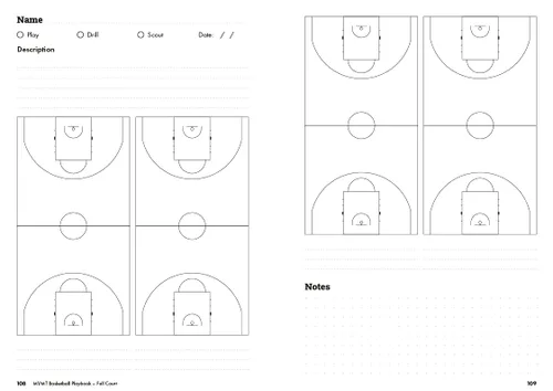 Vista 7 de Basketball Playbook by MVMT Sports. 380 court diagrams in a 5.82 x 8.26 inches planner for basketball coaches. Capture plays, drills and scouts.